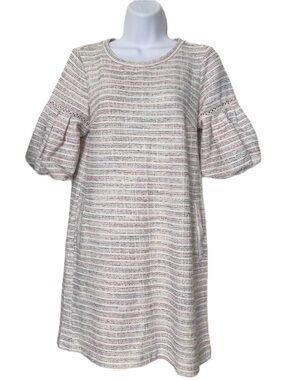 LOFT Cream Striped Scoop Neck Puff-Sleeve Mini Dress Size S